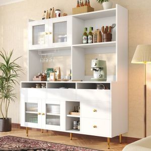 Buffet haut 145&times;39&times;171 cm avec porte vitr&eacute;e Buffet de cuisine avec &eacute;tag&egrave;re &agrave; verres &agrave; vin Buffet salle a manger en blanc