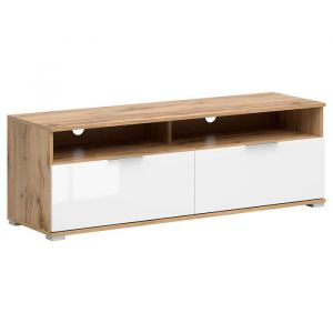 Meuble TV avec 2 tiroirs et une &eacute;tag&egrave;re coloris Ch&ecirc;ne wotan/Blanc brillant - Longueur 135 x Profondeur 41 x Hauteur 45 cm