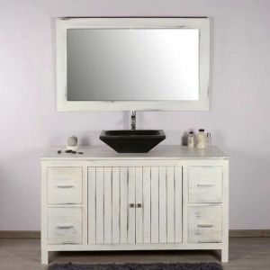 Ensemble meuble vasque et miroir salle de bain en bois teck blanc naturel 140 cm Taille - Meuble+miroir- sans vasque
