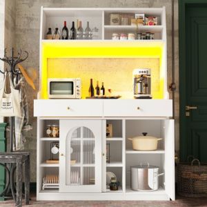 Buffet de Cuisine LED Armoire Salon Haute Vitrine avec avec 2 tiroirsMulti-Rangement120x40x180cmBlanc