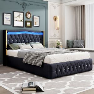 Lit Capitonne 140x190 cm avec LED lit140x190 et sommier 140 190 avec rangement coffre Lit 2 Personnes en Velours Noir