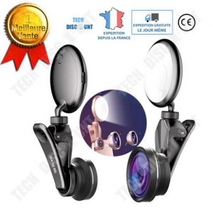 TD® Objectif smartphone avec lumière annulaire fisheye 185 °grand angle 150 ° rotation 360 ° macro 50x photo selfie photographe