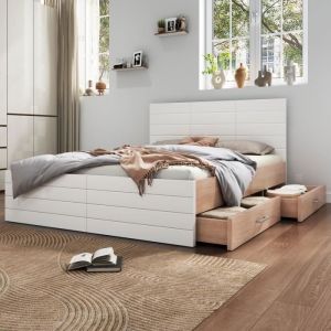 Lit Adulte en Bois 160×200cm - Lit Complet - OKWISH - 2 Tiroirs Sommier à Lattes - chêne+blanc