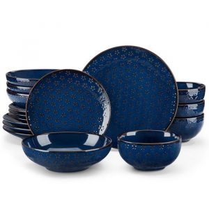 MALACASA LYDIA 16 pièces Service de Table en Porcelaine Terre Cuite émaillée Assiettes et Bols - Bleu de Fleur à Cinq Feuilles