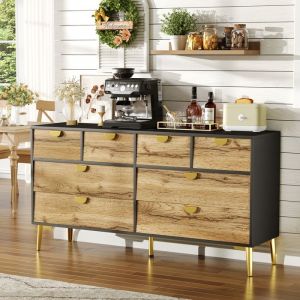 OKWISH Buffet Moderne 150xl40x78cm Bahut avec 8 Tiroirs Poignées et Pieds en Métal Pour Salon et Salle à Manger Blanc+Naturel
