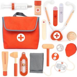 Mini Malette Docteur Enfant en BoisKit M&eacute;decin 14 PCS avec St&eacute;thoscope Thermom&egrave;tre Tensiom&egrave;tre Seringue et PlusCadeaux No&euml;l