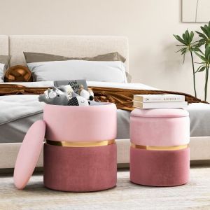 Tabouret Pouf Coffre de Rangement COSTWAY 32L + 21L en Velours Rose