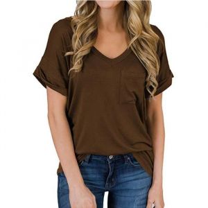 T-shirt femme col V rayures grande à demi-manches coton doux confortable Poignets bouclés T-shirtMarron