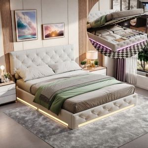 Lit coffre 160x200 cm - RAVAS - T&ecirc;te de lit capitonn&eacute;e r&eacute;glable - &Eacute;clairage LED - Blanc cass&eacute;