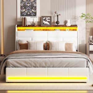 Lit Coffre 160x200 LED Lit Double avec USB et Type-C Lit Rembourré Lit Adulte Cadre de lit avec Rangement Lit Capitonné PU Blanc