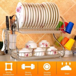 TEMPSA Égouttoir à Vaisselle Effet Inox Double Niveau Avec Porte Tasse et Égouttoir pour Couverts