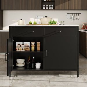 Plan de travail de cuisine &icirc;lot de cuisine - dessus de table avec texture de marbre simple table mange-debout noire avec 2 tiroirs