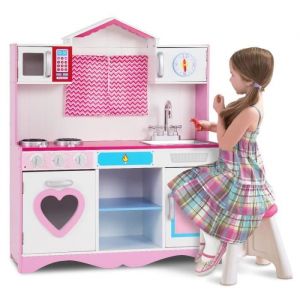DREAMADE Cuisine Enfant avec Cuisinière à Gaz Toit avec Rideaux Micro - Ondes et Robinet Espace de Rangement Rose