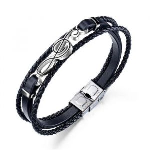 Bracelet homme - Acier au titane - Note de musique -Compilation Corde en cuir- La mode De la personnalité Noir Bracelet