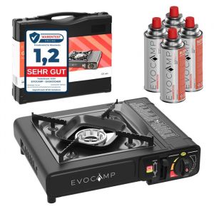 EVOCAMP Réchaud de camping 1 feu à gaz avec 4 cartouche de gaz MSF-1a 227g  réchaud à gaz portable avec allumage piézo