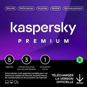 Antivirus - Kaspersky Premium - Activable sur 5 appareils - Abonnement 1 An - Version T&eacute;l&eacute;chargement