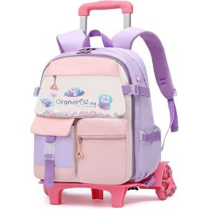 Sac a Roulette Fille 16 Pouces Cartable Fille Primaire Roulettes de 7 à 12 ans Mignon Sac Roulette Enfant pour Filles Violet