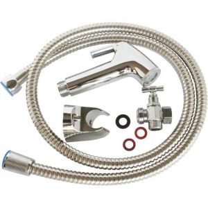 Kit hygiène WC complet : robinet 3 voies laiton chromé douchette ABS flexible 12m support mural et fixation Installation facile