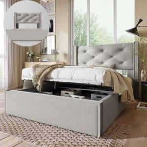 Lit coffre pour enfant 90 x 200cm avec coffre de rangement Sommier à lattes inclus Lit simple avec espace de rangement Gris clair