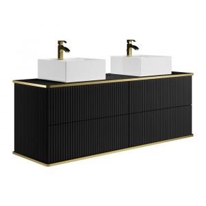 Meuble de salle de bain suspendu stri&eacute; liser&eacute; dor&eacute; avec double vasque &agrave; poser carr&eacute;e et 4 tiroirs - Noir - 150 cm - KELIZA