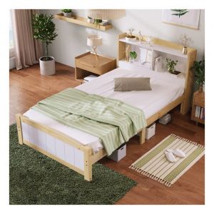 Lit simple en bois massif 90 x 200 cm avec t&ecirc;te de lit Lit 1 Personne Lit enfant avec espace de rangement Blanc et Naturel