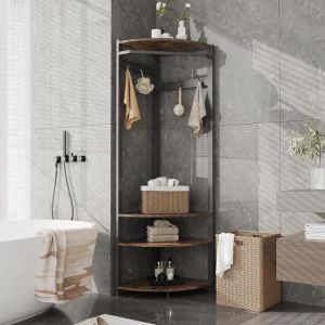 Porte-Manteau d&rsquo;Angle 3 en 1 - PROMIRACAL - Cadre M&eacute;tal noir + &Eacute;tag&egrave;re Marron - Crochets Tringle Rangement Chaussures - H180 cm