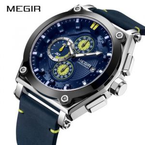Hommes Montre MEGIR Top Luxe Chronographe Montre-bracelet Date Sport Bracelet En Cuir Hommes Montres bleu