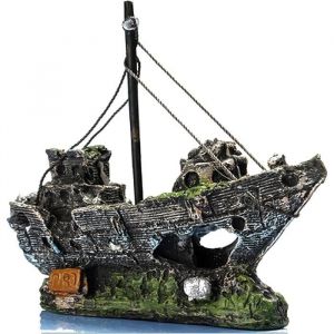 D&eacute;coration daquarium - Bateau pirate en r&eacute;sine - Petit bateau en filet pour aquarium (le bateau pirate gris)