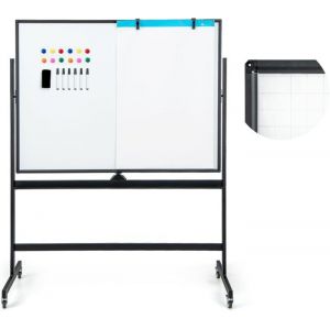 COSTWAY Tableau Blanc Magnétique 120 x 90 cm Double Face Réversible Effaçable à Sec 2 Hauteur Réglable 4 Roulettes Mobile Noir