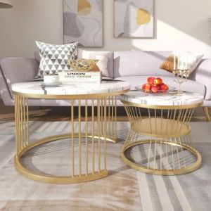 Table basse gigogne lot de 2 en placage de marbre canap&eacute; lat&eacute;ral Nid de tables Tables dextr&eacute;mit&eacute; rondescadre de couleur dor&eacute;e