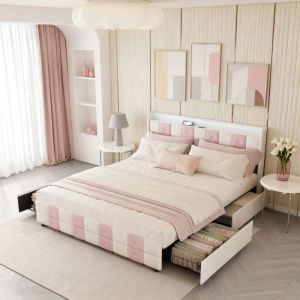 Lit 140x190 cm COZY lit double avec sommier à lattes cadre de lit adulte avec LED 4 tiroir tissu lin 140x190cm blanc et rose