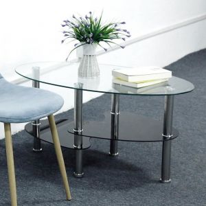 Table Basse - Laqué Haute Brillance - Design Scandinave - Ovale - Verre - Noir et Blanc