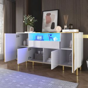 Buffet bas blanc laqué haute brillance 150 x 40 x 80 cm – 1 tiroir + 4 portes rangements salon/entrée design moderne