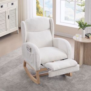 Fauteuil &agrave; bascule scandinave Fauteuil allaitement confortable tissu Teddy blanc poche int&eacute;gr&eacute;e