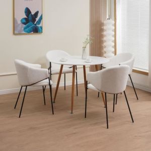 Ensemble repas table ronde + 4 fauteuils bouclette blanc - SCANDI