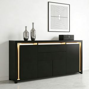 Buffet COZY bahut avec 2 tiroirs et 4 portes style scandinave 160x35x75 cm buffet de salle &agrave; manger avec LED noir