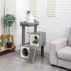 PAWZ Road Arbre a Chat en Bois Design Moderne et Solide Arbre à Chat avec Grattoir Sisal Pompon suspendu Panier 89cm Gris
