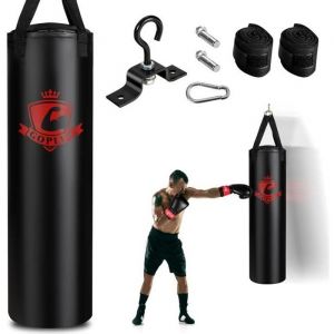 COSTWAY Sac de Boxe Frappe Rempli Ø30cm 28 5kg-Gants de Boxe-Bandages de Protection-Sac Rangement-pour Karaté TaekwondoMuay Thaï