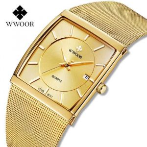 WWOOR Montre de luxe Or Homme Carr&eacute;e Japon Quartz Acier fin Maille &Eacute;tanche Sport Automatique Date Montres-bracelets