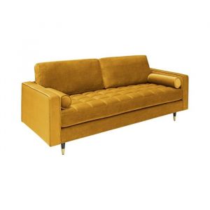 Canap&eacute; KOLIRI 3 places jaune moutarde &ndash; Canap&eacute; design en velours avec structure en bois massif
