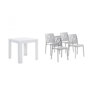 Ensemble de salle &agrave; manger avec table carr&eacute;e ELVIS 80x80 en bois 4 chaises DAFNE en r&eacute;sine avec fibre de verre(Blanc/Gris clair)