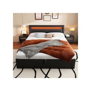 MODFU Lit coffre capitonn&eacute; 140x190 cm avec sommier &agrave; lattes et t&ecirc;te de lit &eacute;clair&eacute;e en diff&eacute;rentes couleurs. simili cuir. noir