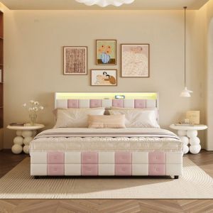 Lit tiroir 140 x 190 cmLit adulte 140 x 190 cm Lit double 140 x 190 cm4 Tiroirs+LED t&ecirc;te+USBVeloursBlanc+Rose