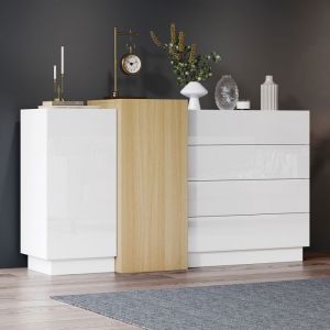 Buffet bas 160x37x75cm - TKOPY - Bahut avec 2 portes et 4 tiroirs - Buffet cuisine moderne avec espace de rangement - Blanc