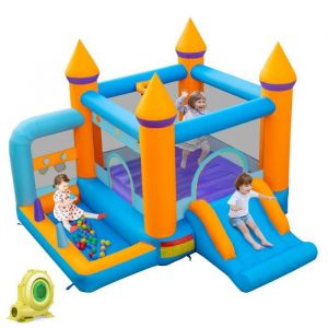 COSTWAY Château Gonflable avec Souffleur 680W Toboggan Piscine à Balles Panier de Basket Kit de Réparation et Piquets dAncrage