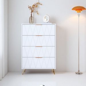 Commode Blanche 4 Tiroirs Style Moderne & Minimaliste - Rangement Chambre Salon ou Cuisine avec Pieds Dorés Élégants