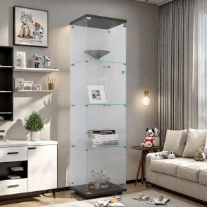 Vitrine en Verre de Rangement Vitrine Armoire 1 Porte 4 &Eacute;tag&egrave;res et Serrure Vitrine pour Salon Chambre Noir Finition Brillante