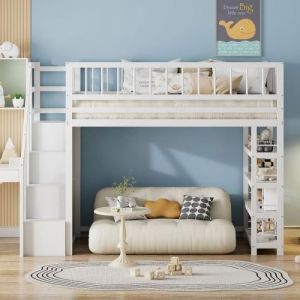 Lit mezzanine 1 place - 90x200 cm - Blanc - Avec penderie et &eacute;tag&egrave;res - S&eacute;curit&eacute; renforc&eacute;e