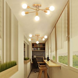 DLGLOLIN 2X Plafonnier Industriel Lustre 5-Lumi&egrave;res E27 Lampe de Plafond en M&eacute;tal Dor&eacute; Suspension Luminaire pour Salon Chambre