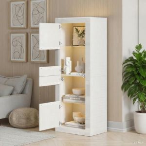 Vitrine LED - Novélys - 61x42x162cm - Colonne de Rangement avec Éclairage RGB - Meuble de Salon Blanc Laqué